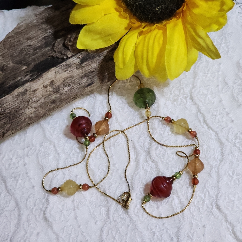 Gold Toned Multicolor Beaded Necklace 30"